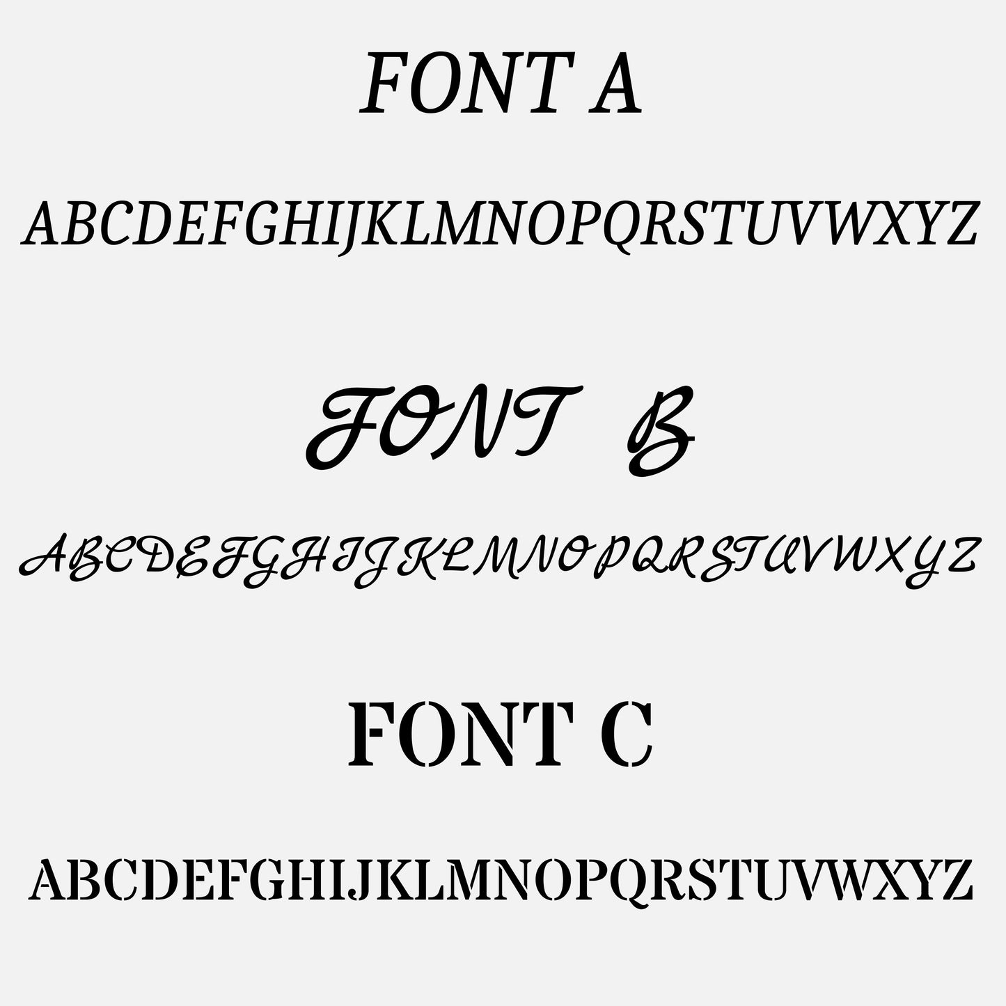 Three different font styles displayed on a white background