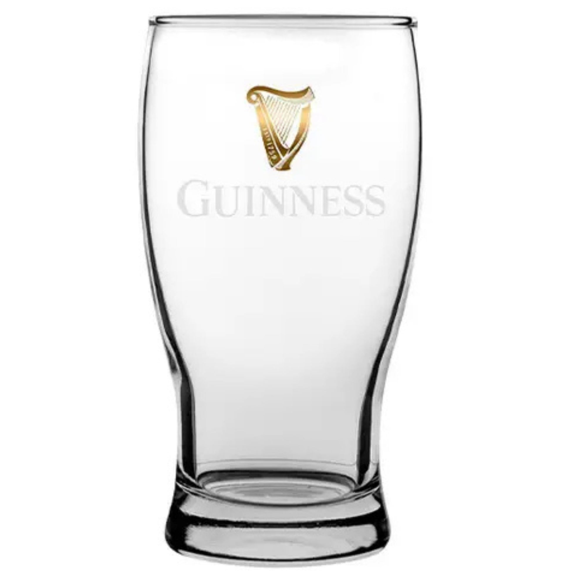 Clear Guinness glass with gold harp logo on a white background