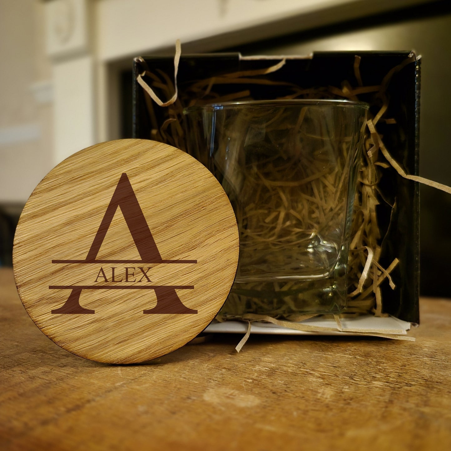 Personalised Whiskey Glass Gift Set – Modern Design with Oak Coaster & Gift Box