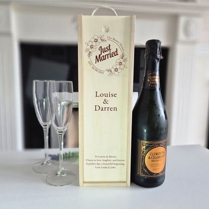 Just married personalised champagne box with names date and message
