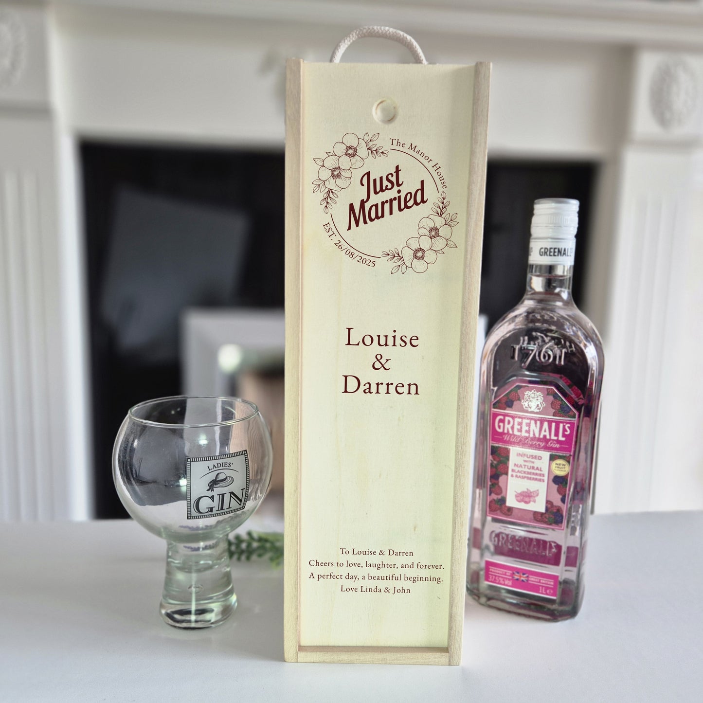 Just married personalised champagne box with names date and message