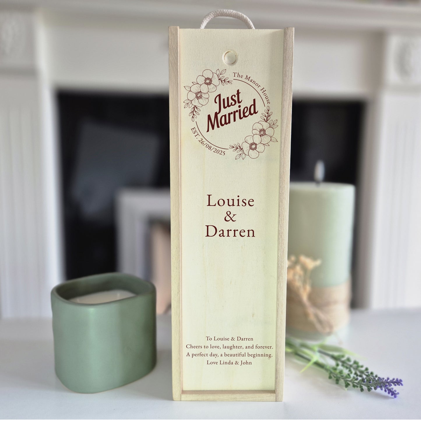 Just married personalised champagne box with names date and message
