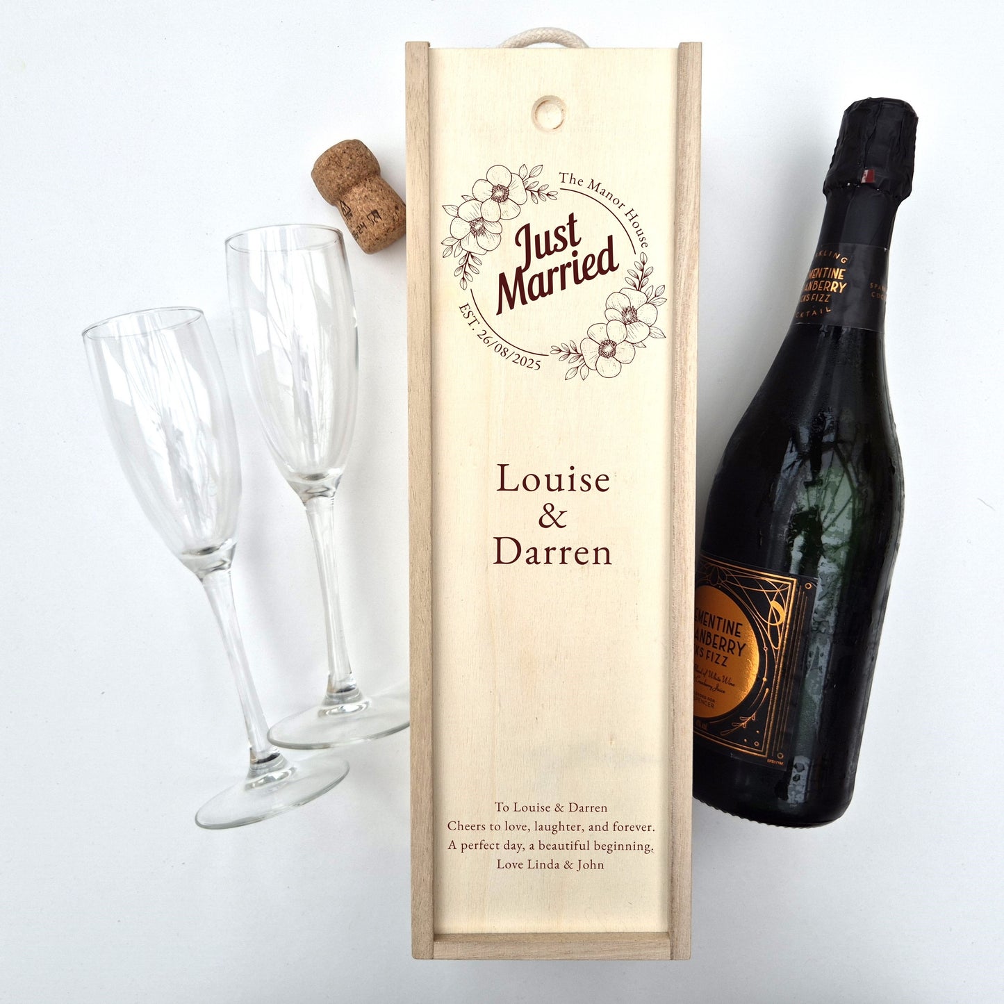Just married personalised champagne box with names date and message