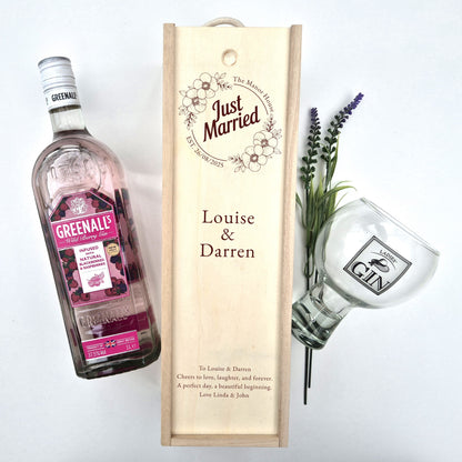 Just married personalised champagne box with names date and message