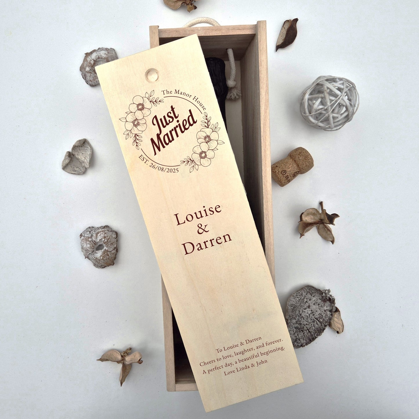 Just married personalised champagne box with names date and message