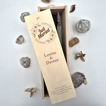 Just married personalised champagne box with names date and message