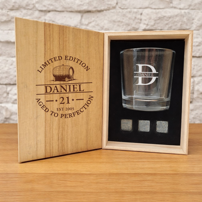 Engraved birthday whisky box and glass with whisky stones.