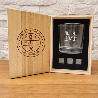 Engraved birthday whisky box and glass with whisky stones.