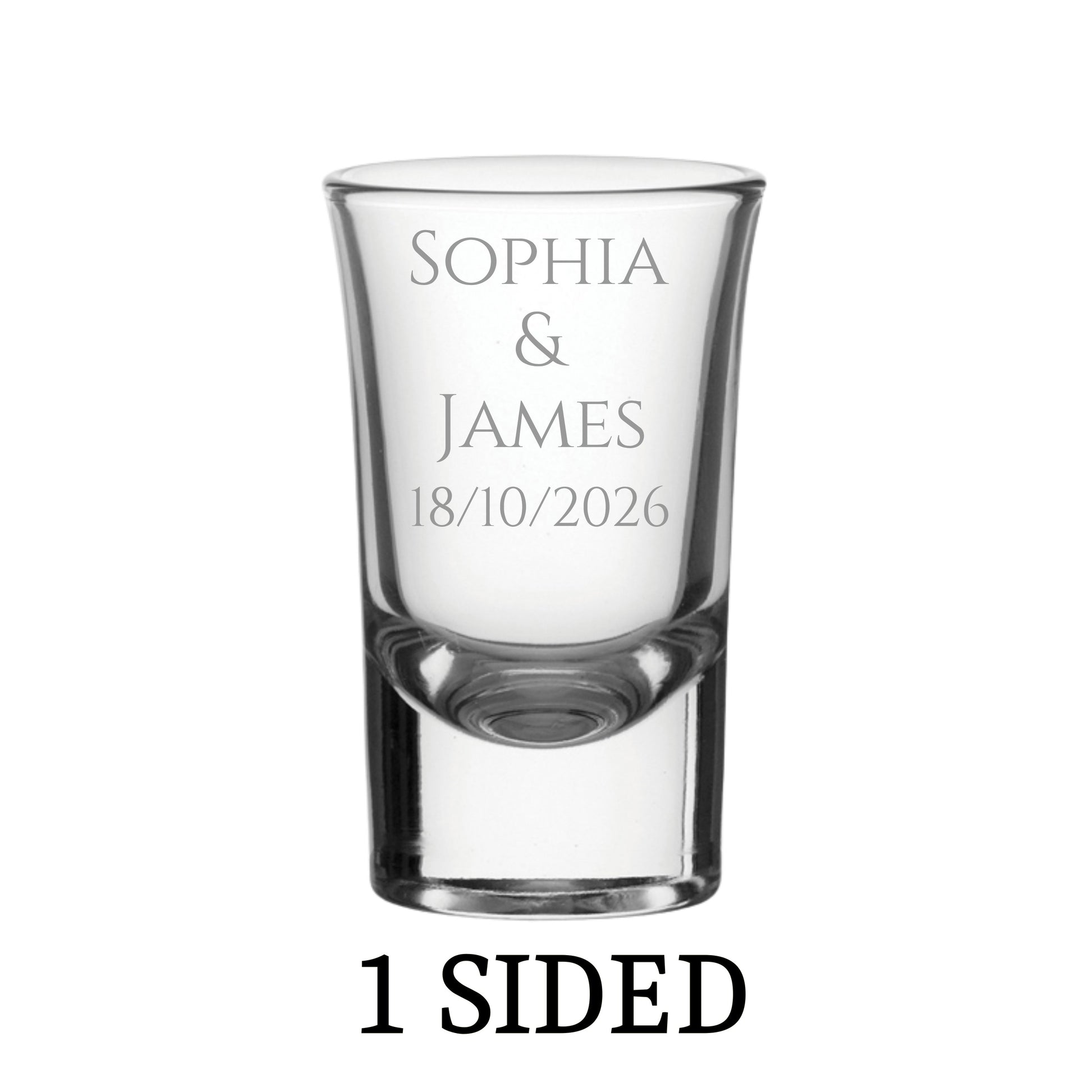 Clear personalised shot glass with engraved text on a white background
