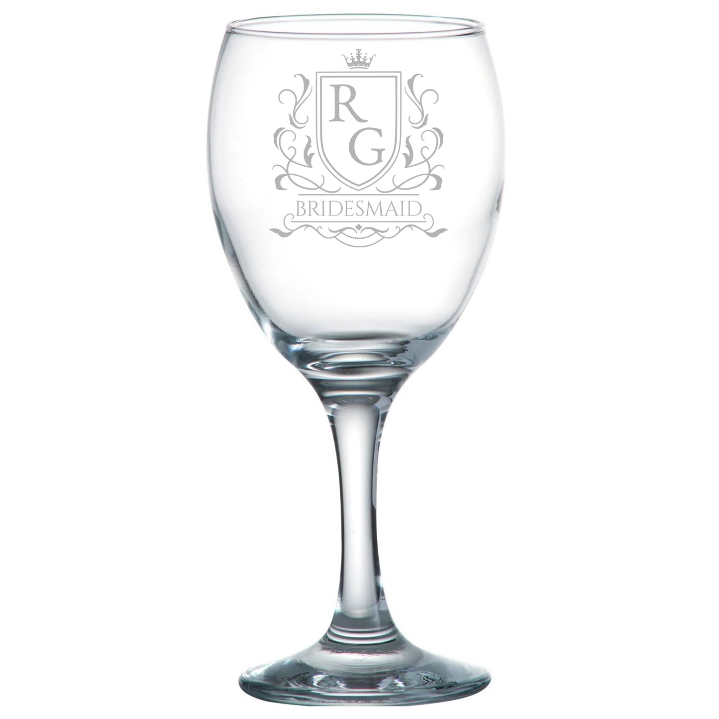 Clear wine glass with 'Bridesmaid' engraving on a white background