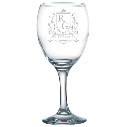 Clear wine glass with 'Bridesmaid' engraving on a white background