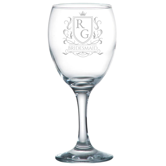 Clear wine glass with 'Bridesmaid' engraving on a white background