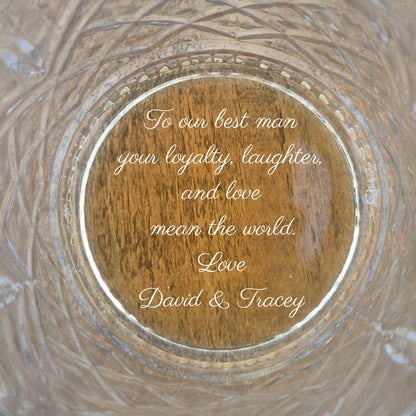 custom whisky glasses showing handwritten message engraved in base of glass