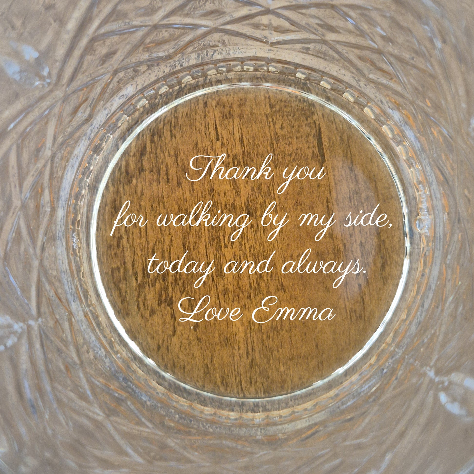 custom whisky glasses with message engraved in the base from the bride to her father