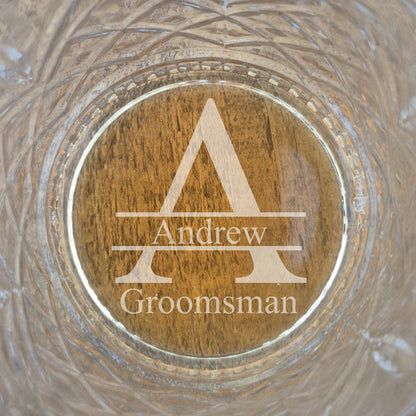 Image of Monogram A and groomsman engraved into cut glass.