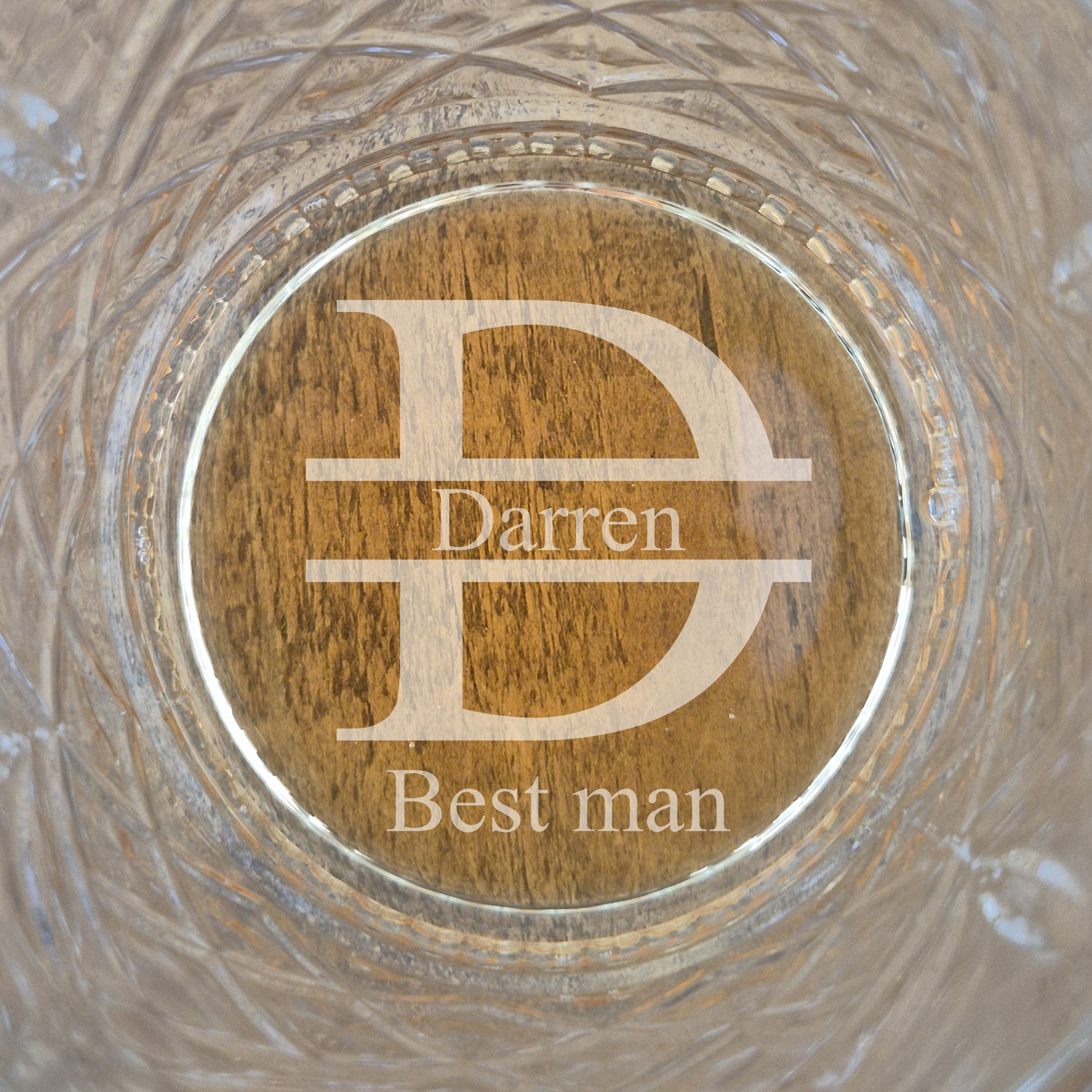 Personalised engraved whisky glass with D and Darren, Best Man engraved in base.