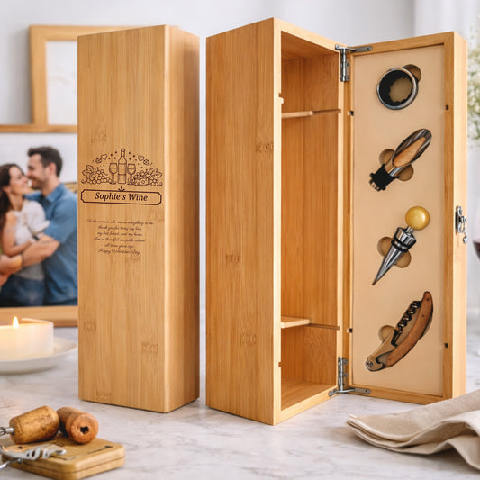 Wooden wine gift set with accessories on a table.