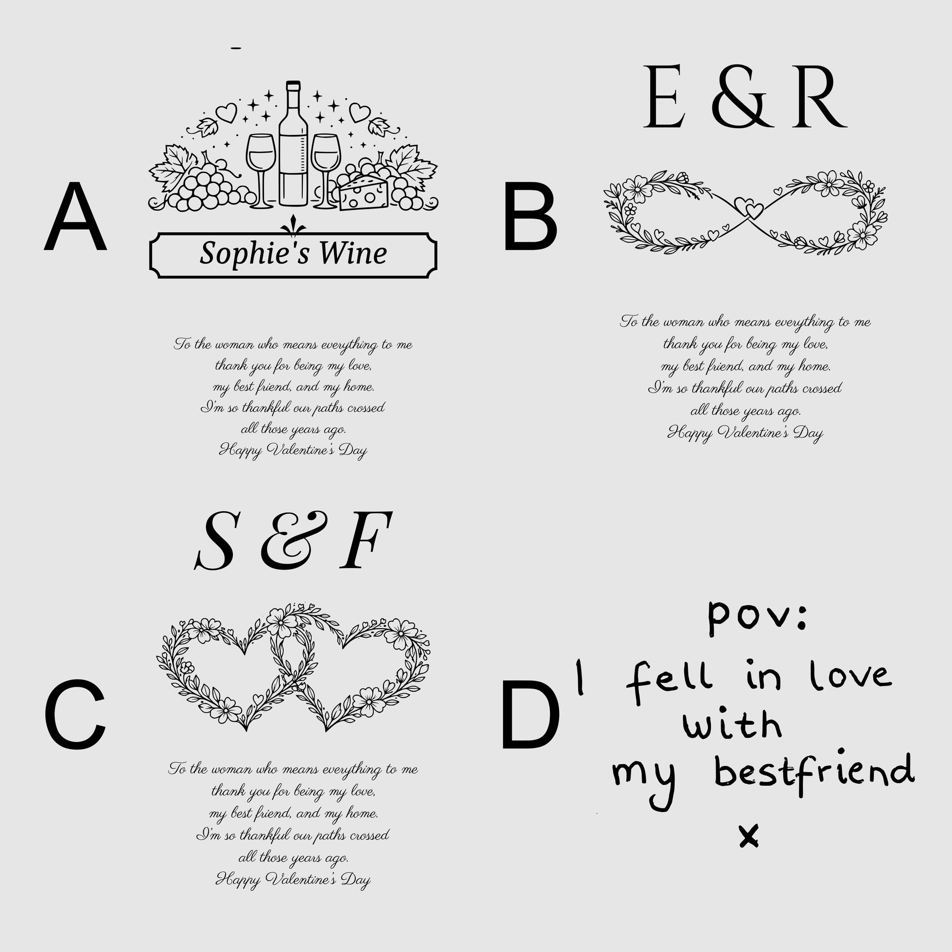 Collection of monochrome designs with text and symbols on a white background