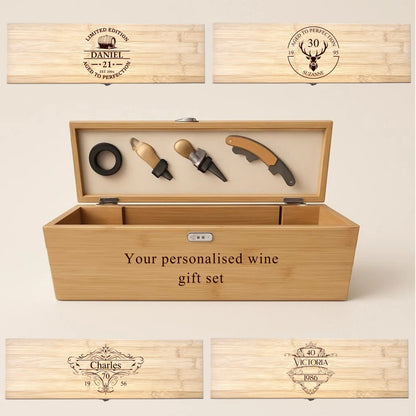 Personalised wine gift set with wooden box and tools on a beige background