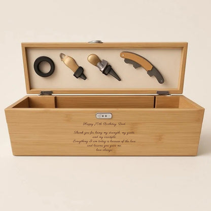 Wooden box with wine tools inside on a beige background