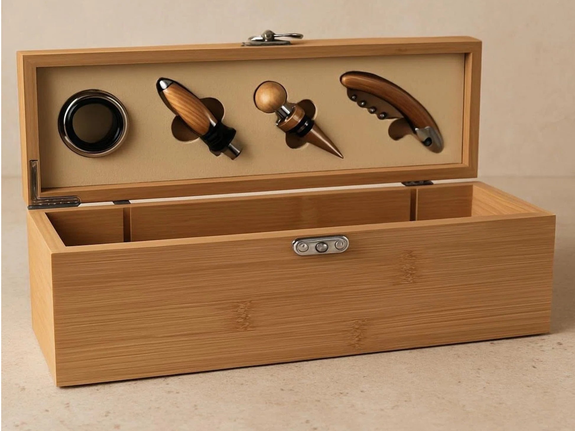 Wooden wine bottle stopper set in a box on a beige background