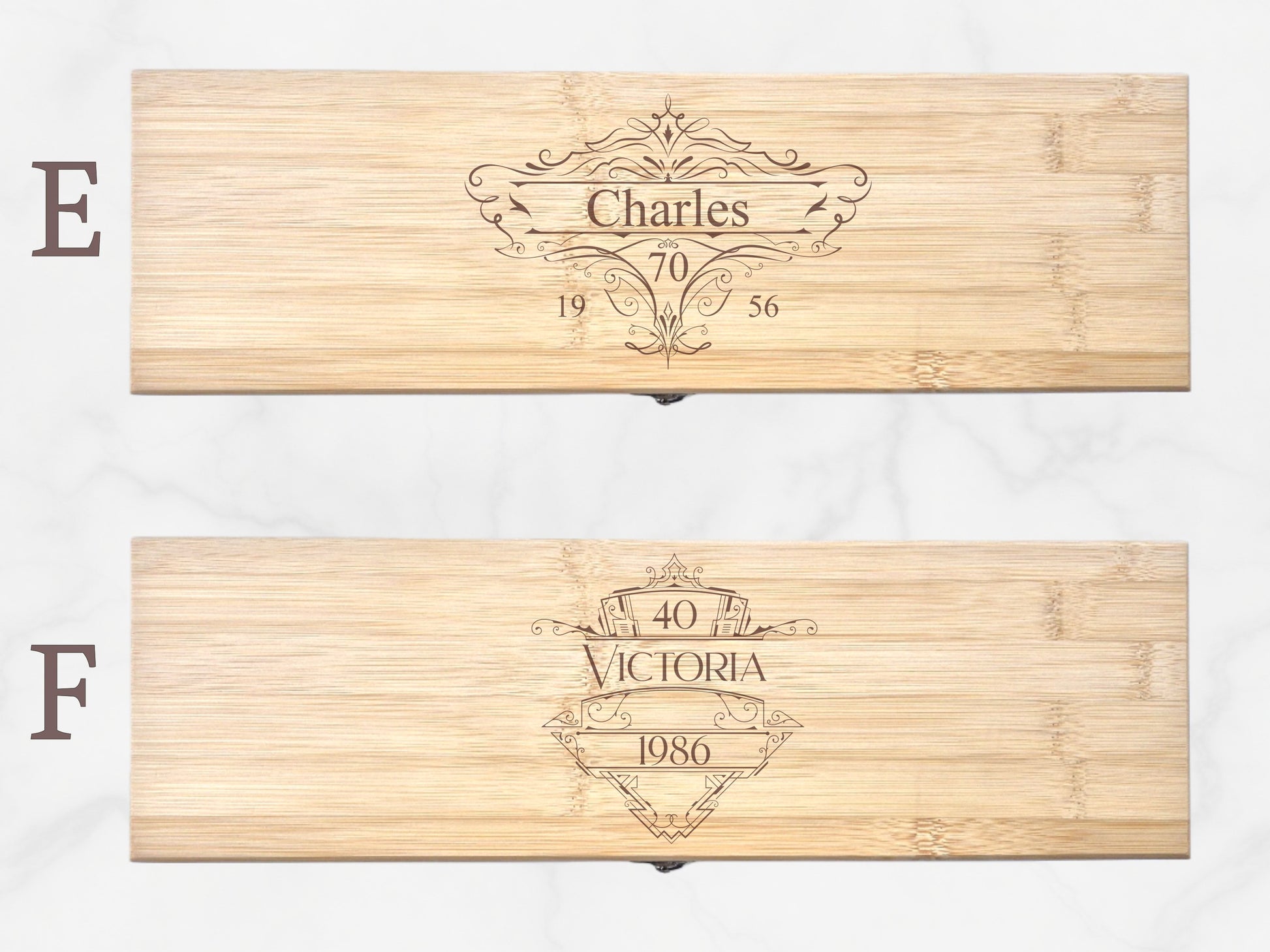Two wooden nameplates with engraved text on a white background
