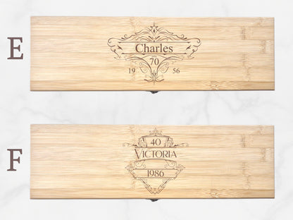 Two wooden nameplates with engraved text on a white background