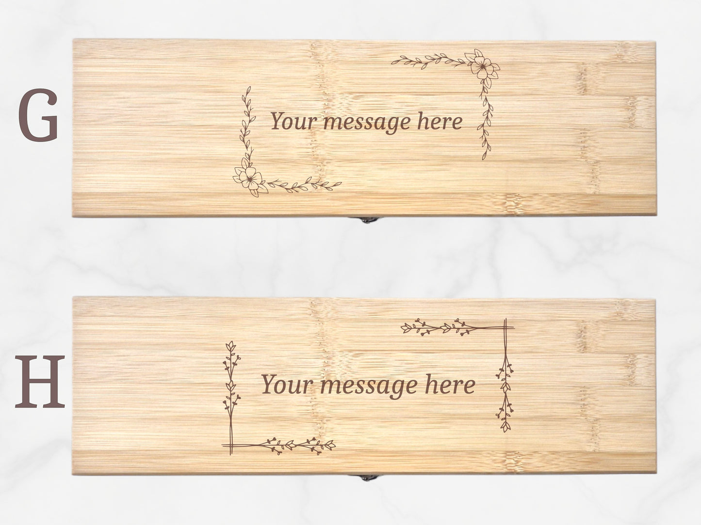 Two wooden nameplates with engraved decorative designs and 'Your message here' text on a white background.