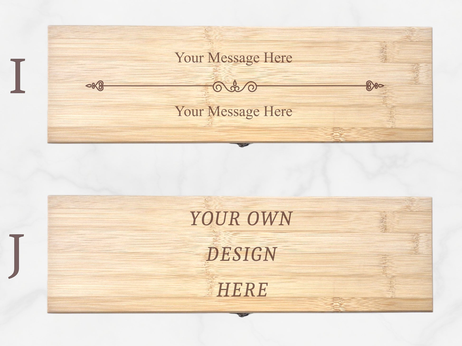 Two wooden nameplates with customizable text on a white background