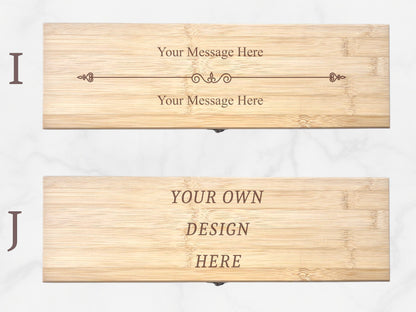 Two wooden nameplates with customizable text on a white background