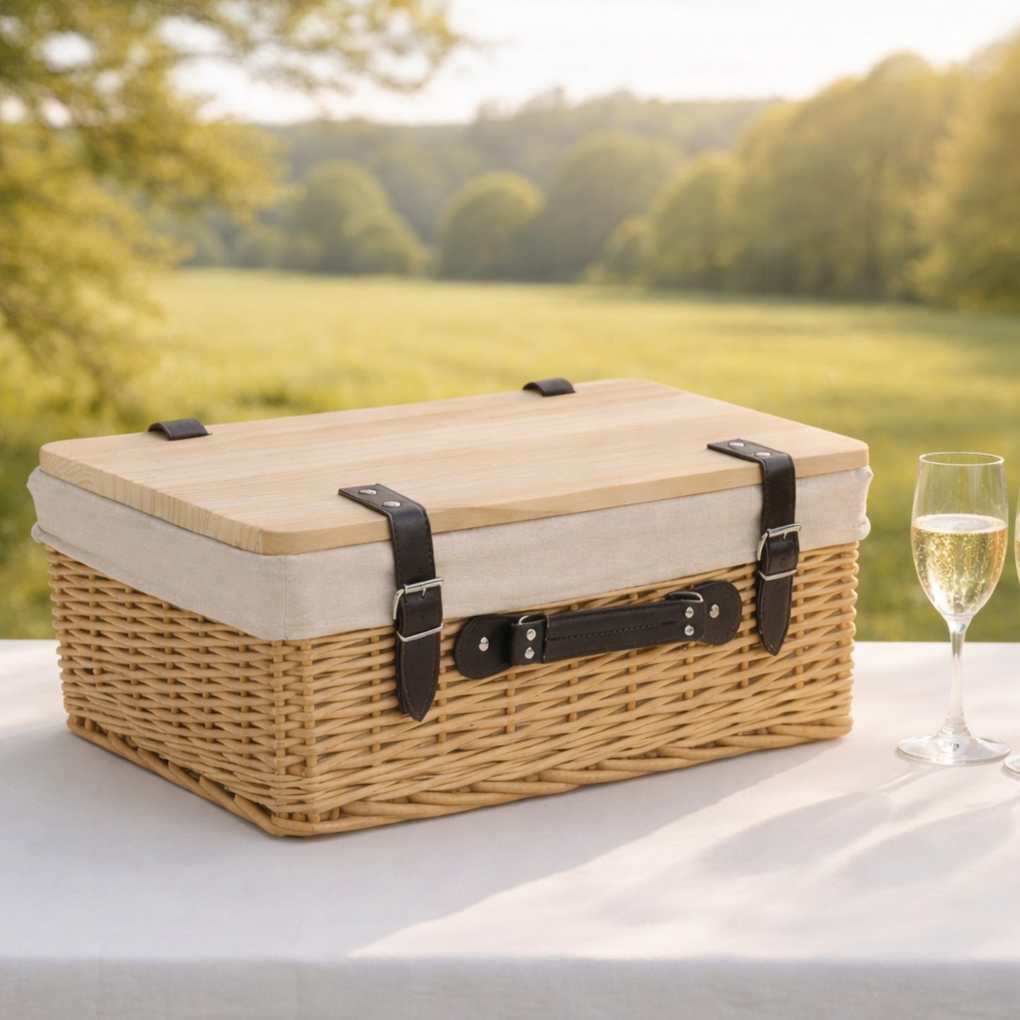 Wicker picnic basket with a glass of wine on a table outdoors.