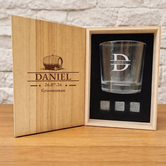 Personalised Groomsman whisky gift set with engraved glass and whisky stones.