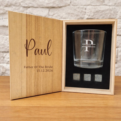 Personalised Father Of The Bride whisky gift set with engraved glass and whisky stones.