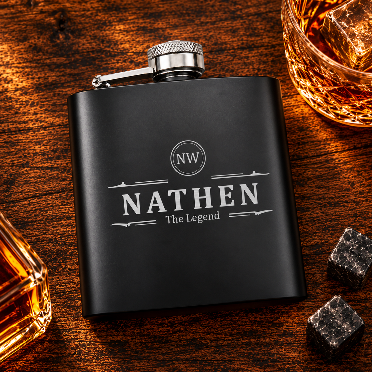Personalised black hip flask with Nathen name, NW initials and The Legend engraving