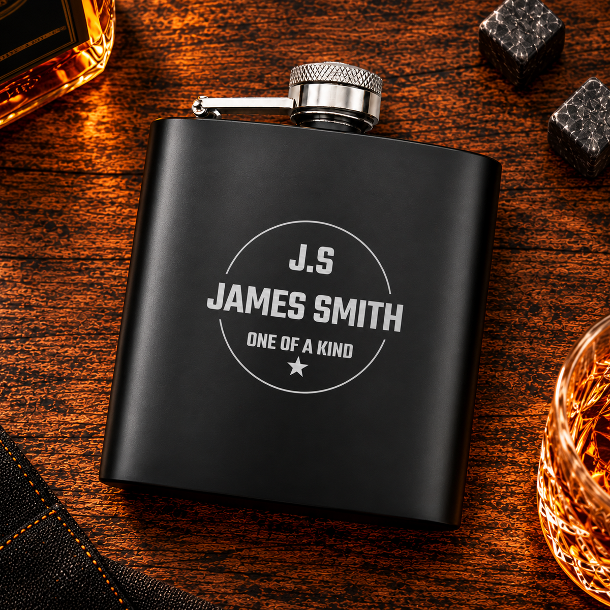 Black hip flask with James Smith name, initials and One of a Kind circular engraving