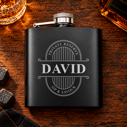Personalised black hip flask with David private reserve and sip and savour engraving