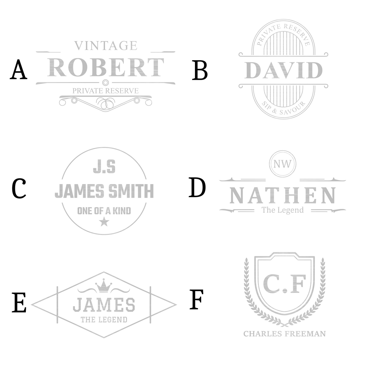 Six personalised hip flask engraving designs labelled A to F, including vintage lettering and shield monogram