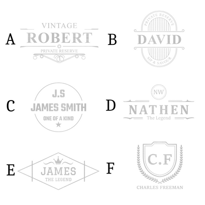 Six personalised hip flask engraving designs labelled A to F, including vintage lettering and shield monogram