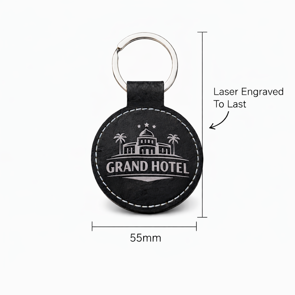 A black oval leather keychain with a silver metal key ring, featuring a laser-engraved white design of a grand hotel with palm trees and the text 'GRAND HOTEL'. The image includes dimension lines indicating a 55mm width and a text note stating 'Laser Engraved To Last' on a clean white background.