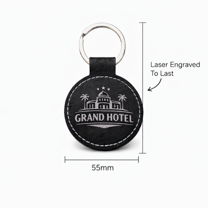 A black oval leather keychain with a silver metal key ring, featuring a laser-engraved white design of a grand hotel with palm trees and the text 'GRAND HOTEL'. The image includes dimension lines indicating a 55mm width and a text note stating 'Laser Engraved To Last' on a clean white background.