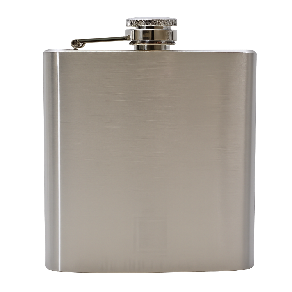 Stainless steel hip flask on a white background
