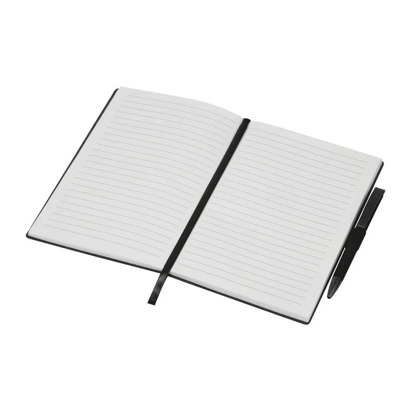 Open Mersin A5 notebook showing lined recycled-paper pages and ribbon bookmark