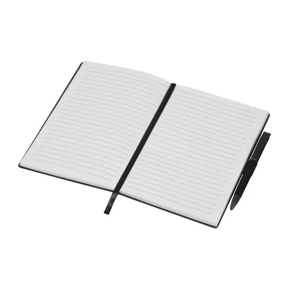 Open Mersin A5 notebook showing lined recycled-paper pages and ribbon bookmark