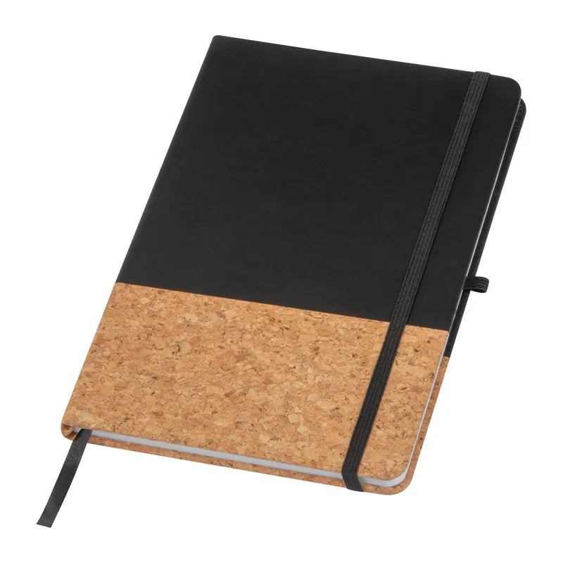 Black Nantes A5 notebook with cork lower cover, elastic closure and ribbon bookmark