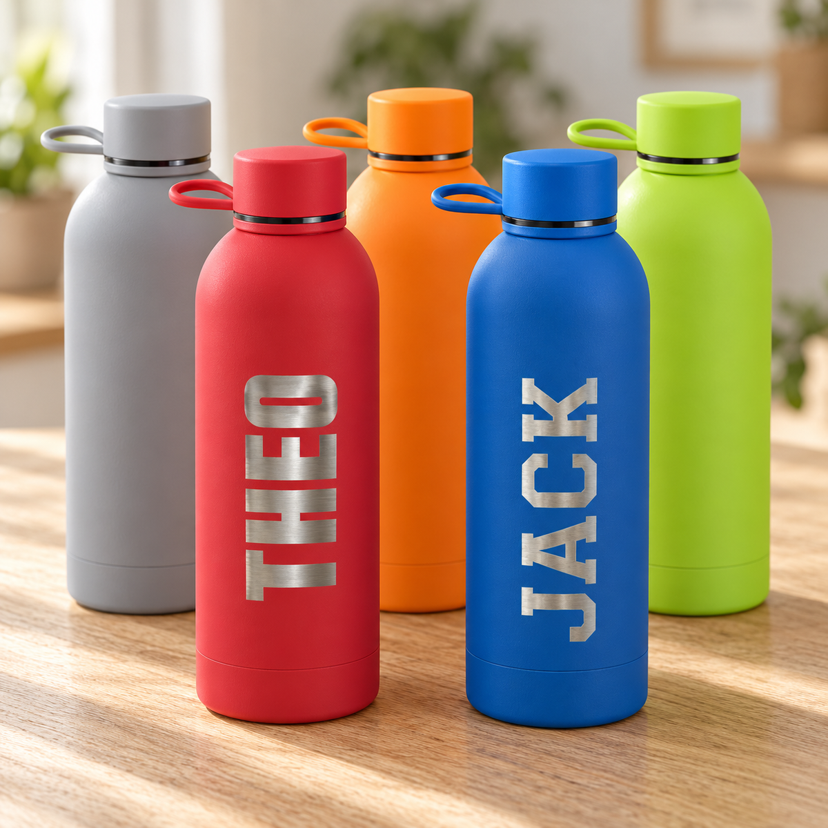 Personalised 750ml water bottles in red, blue, grey, orange and lime green, with THEO and JACK engraving examples
