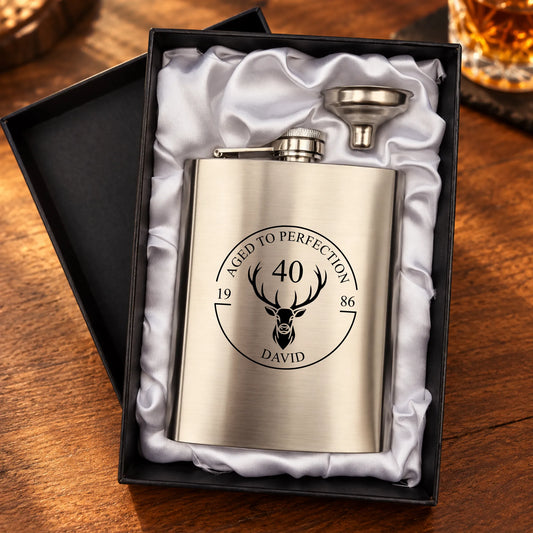 Personalised 8oz stainless steel hip flask with stag birthday engraving in a satin-lined gift box with filling funnel