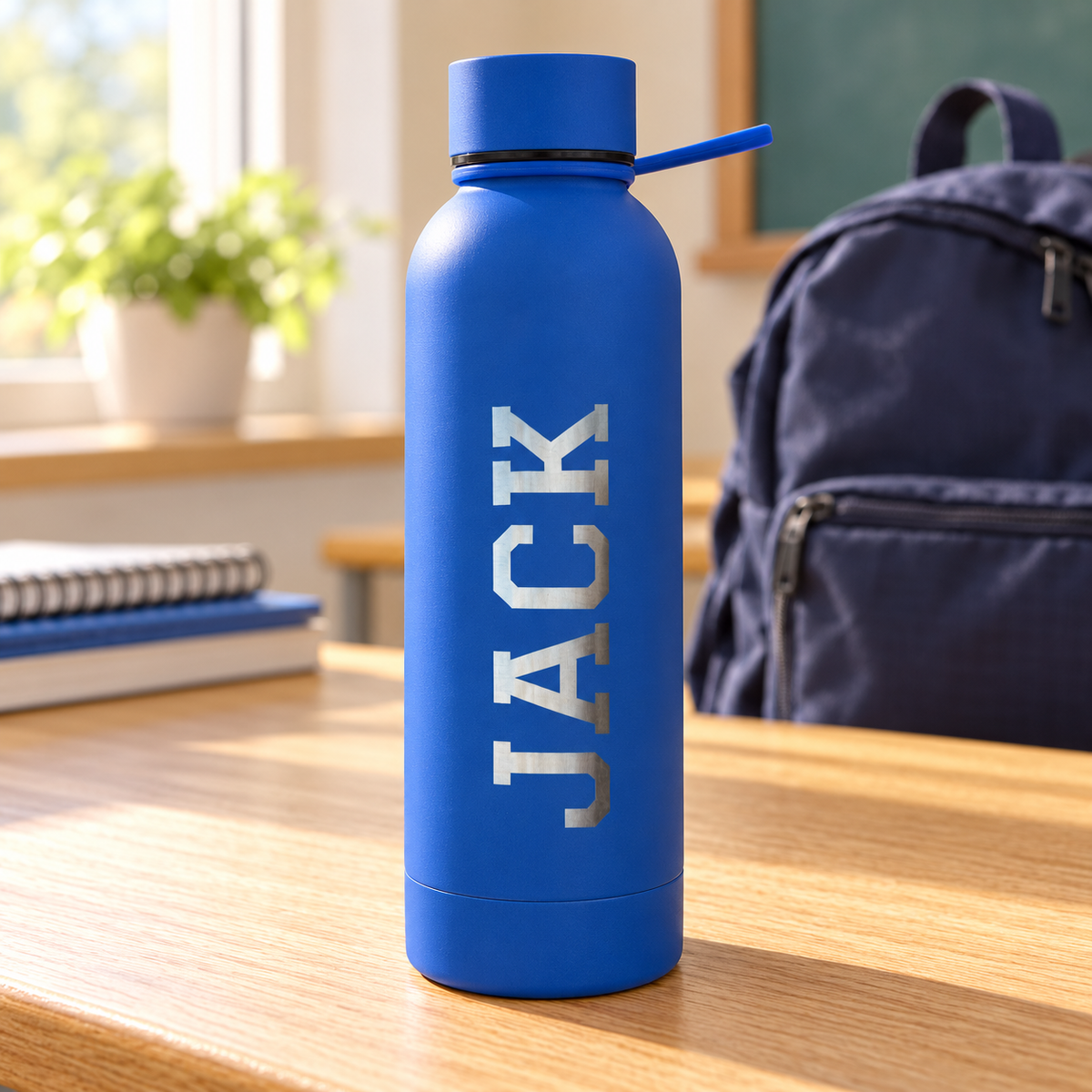 Blue 750ml school water bottle engraved JACK beside a school bag