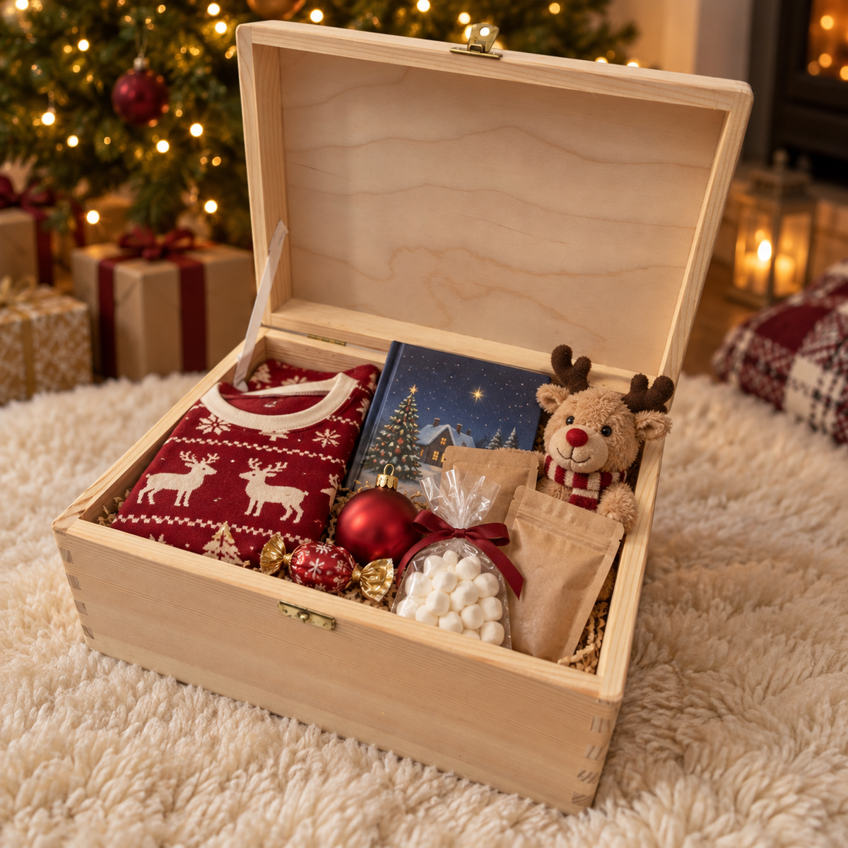 A wooden gift box filled with Christmas-themed items, including a red knit sweater with white deer, a small reindeer plush toy, marshmallows in a bag, a notebook, and ornaments, set on a white faux-fur surface with a blurred Christmas tree in the background.