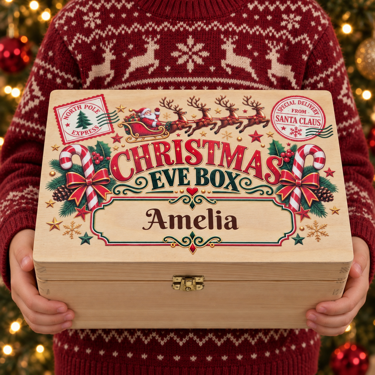 A person wearing a red Christmas sweater holds a personalized wooden gift box decorated with festive illustrations and the name 'Amelia'.