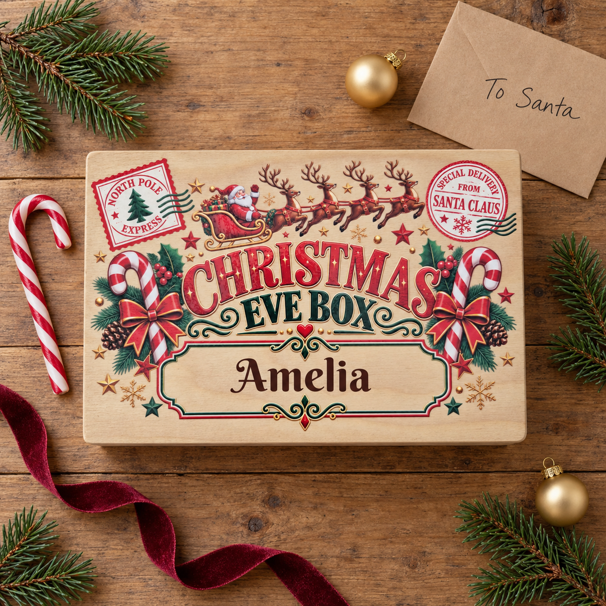 A personalized Christmas Eve box on a rustic wooden table, surrounded by pine branches, candy canes, a brown envelope with 'To Santa' written on it, and gold ornaments. The box is printed with festive illustrations of Santa Claus, candy canes, pinecones, and the text 'CHRISTMAS EVE BOX' and the name 'Amelia'.